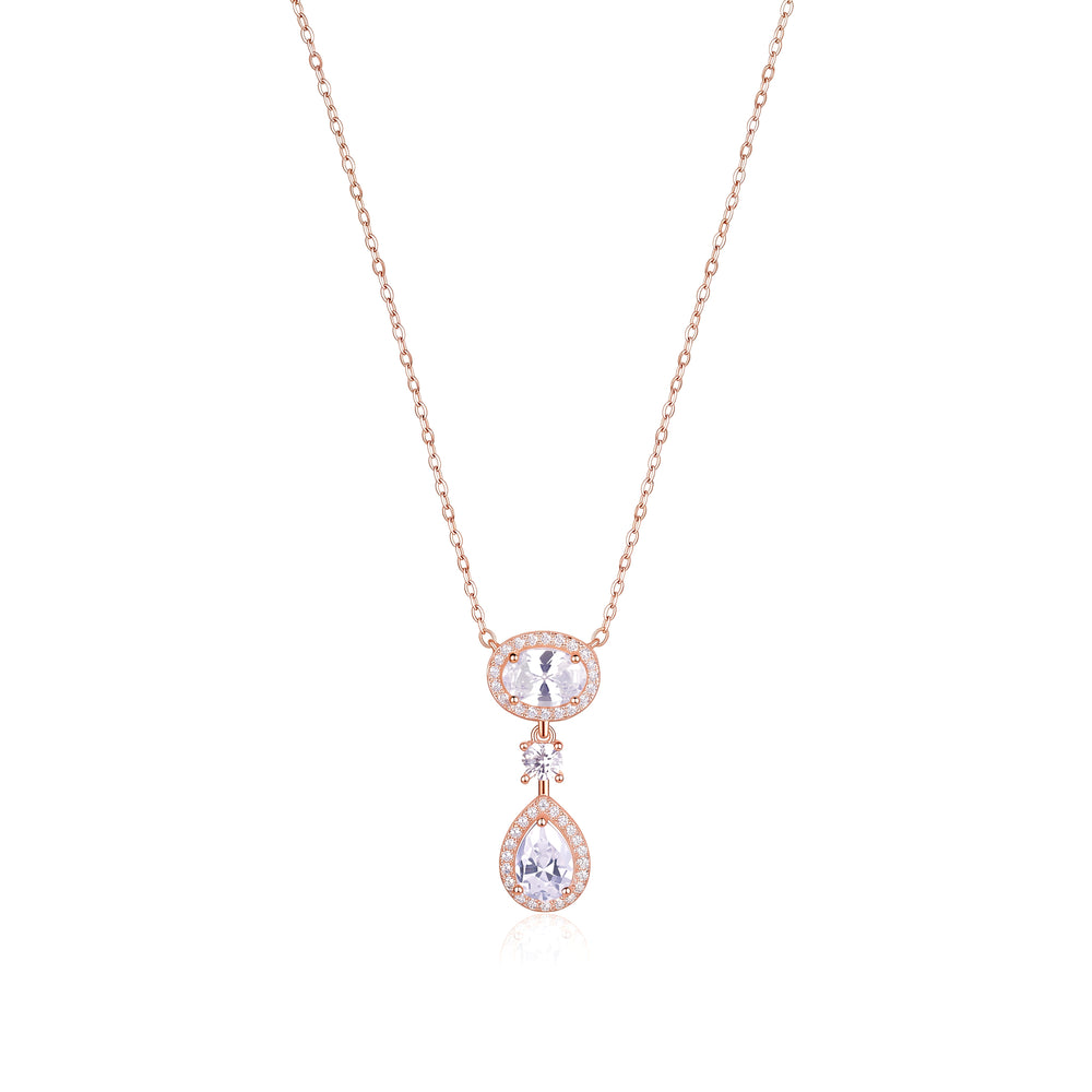 Rose gold plated 925 sterling silver necklace featuring a double drop pendant with a micro-pave halo surrounding brilliant oval and pear-cut clear gemstones on a delicate link chain