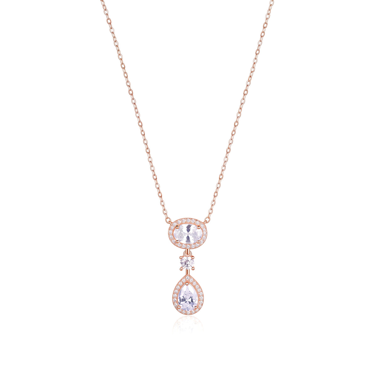 Rose gold plated 925 sterling silver necklace featuring a double drop pendant with a micro-pave halo surrounding brilliant oval and pear-cut clear gemstones on a delicate link chain