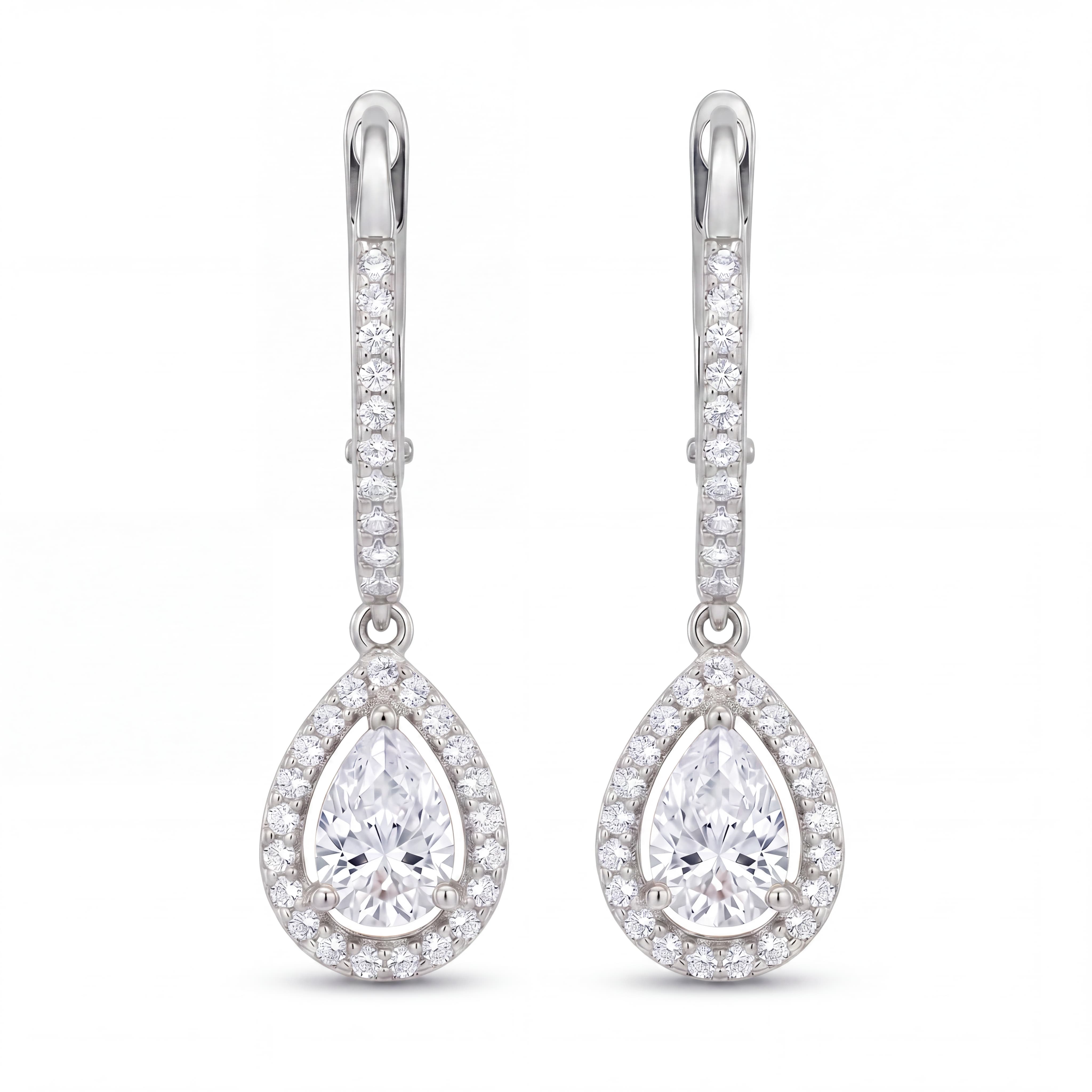 Silver Halo Pear Drop Earrings