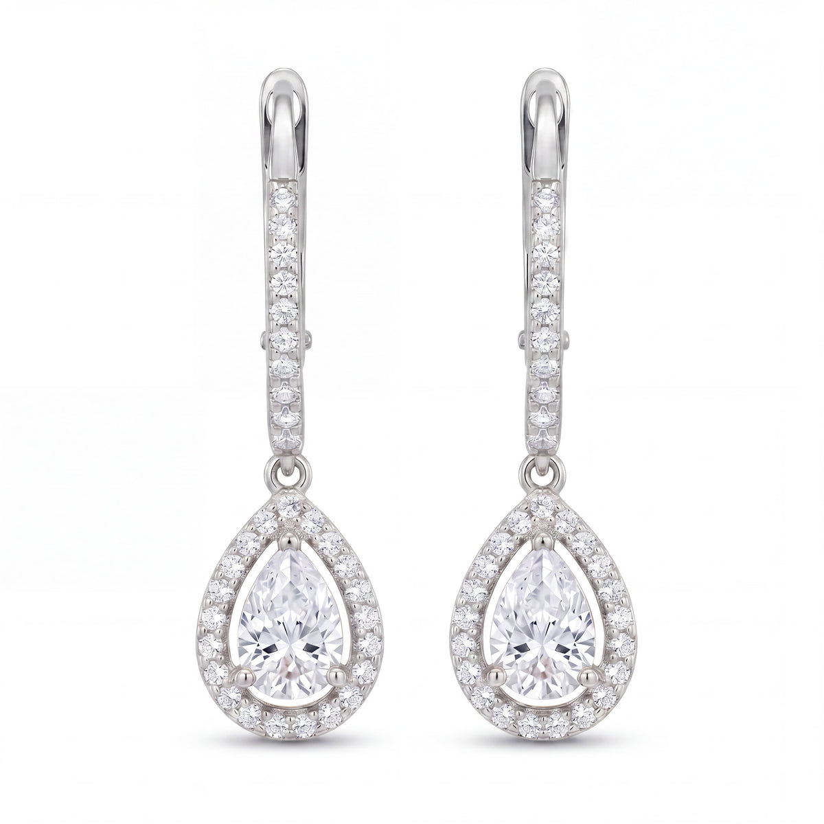 Silver Halo Pear Drop Earrings