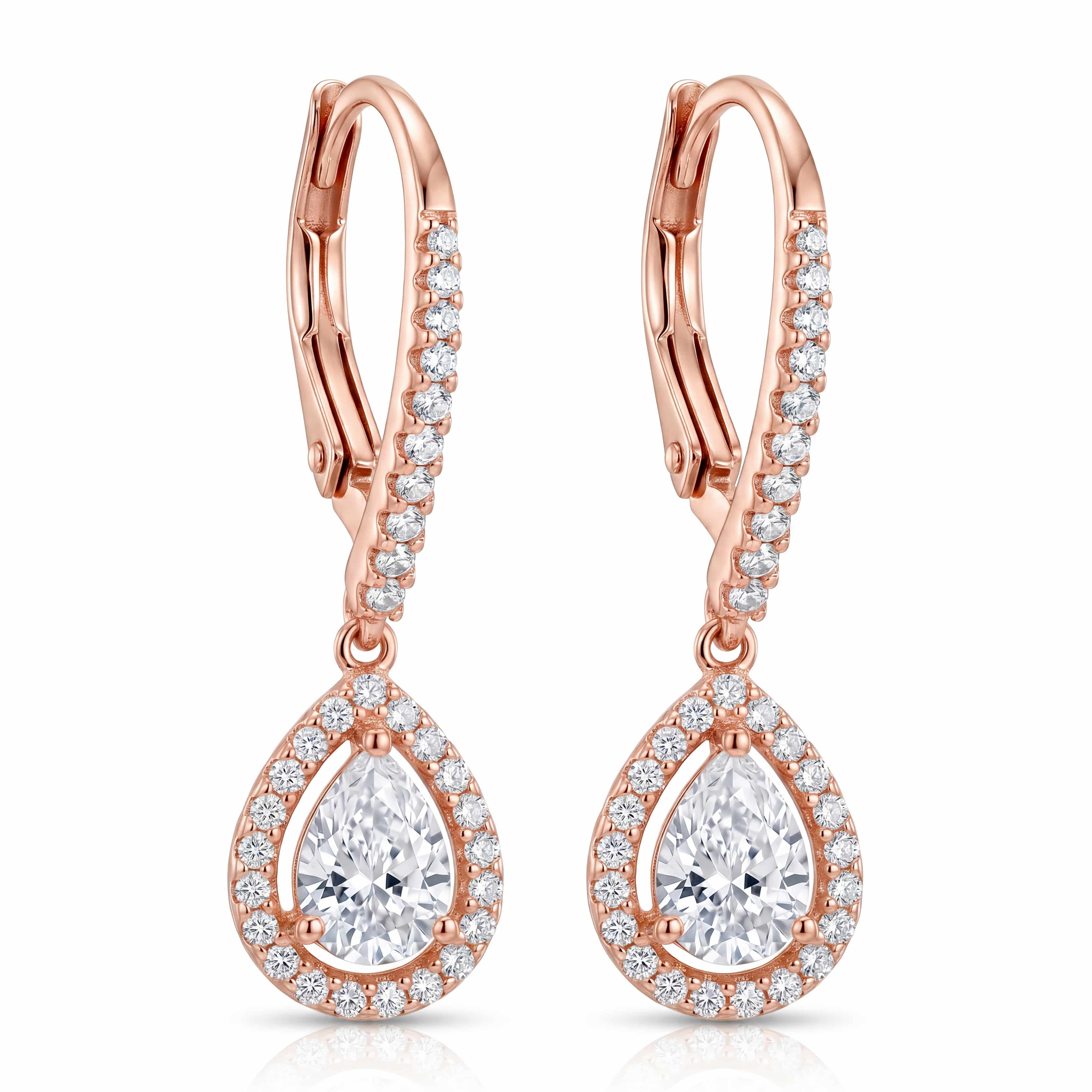 Rose Gold Halo Pear Drop Earrings