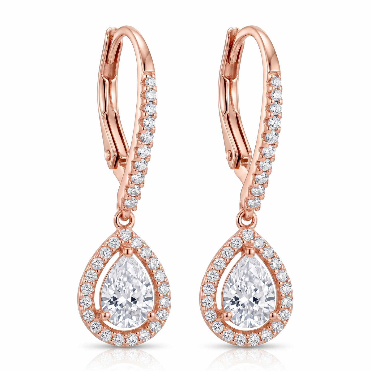 Rose Gold Halo Pear Drop Earrings