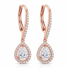 Rose Gold Halo Pear Drop Earrings