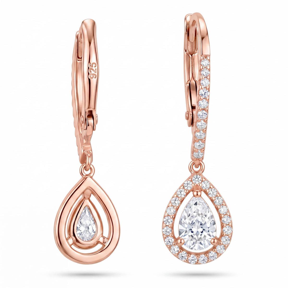 Rose Gold Halo Pear Drop Earrings