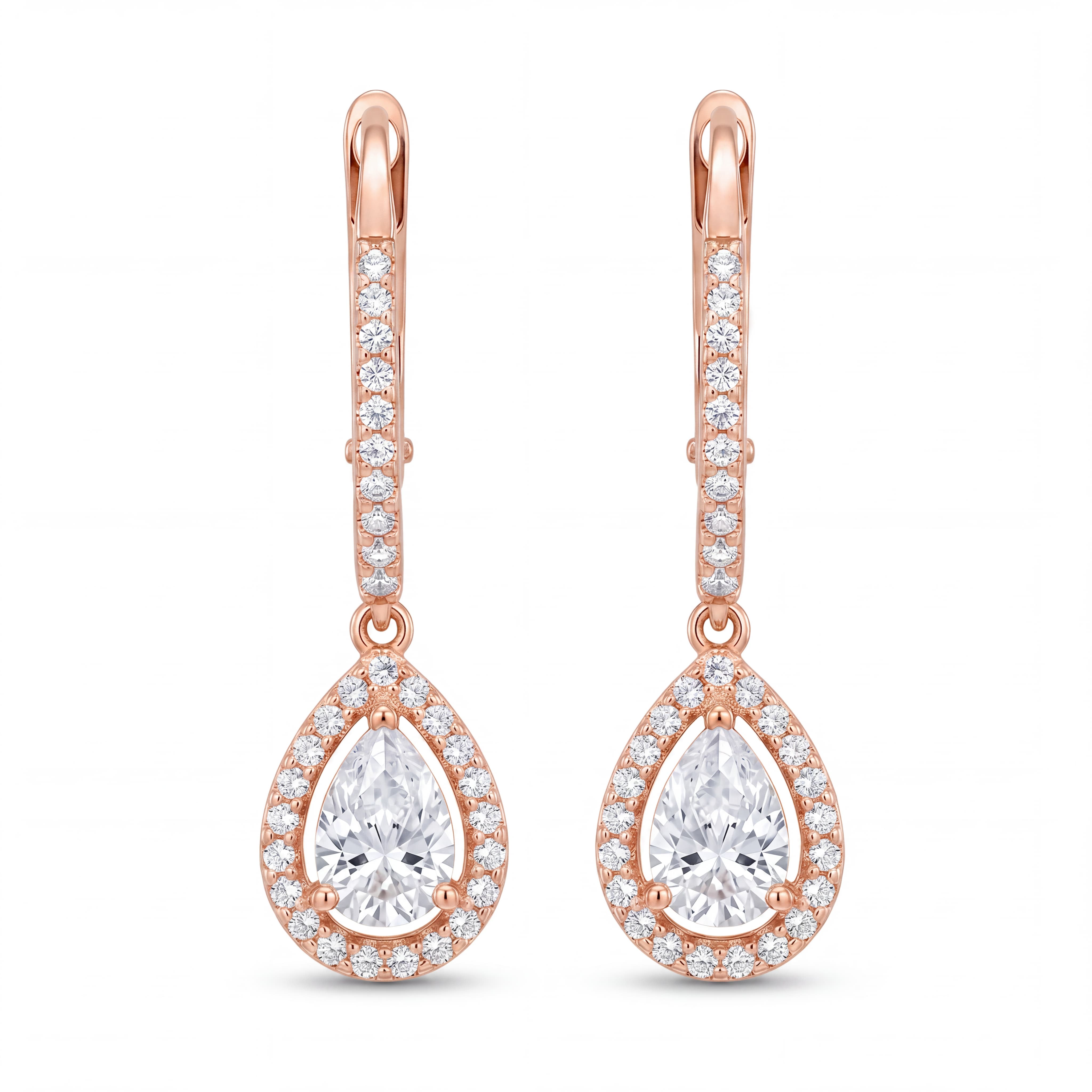 Rose Gold Halo Pear Drop Earrings