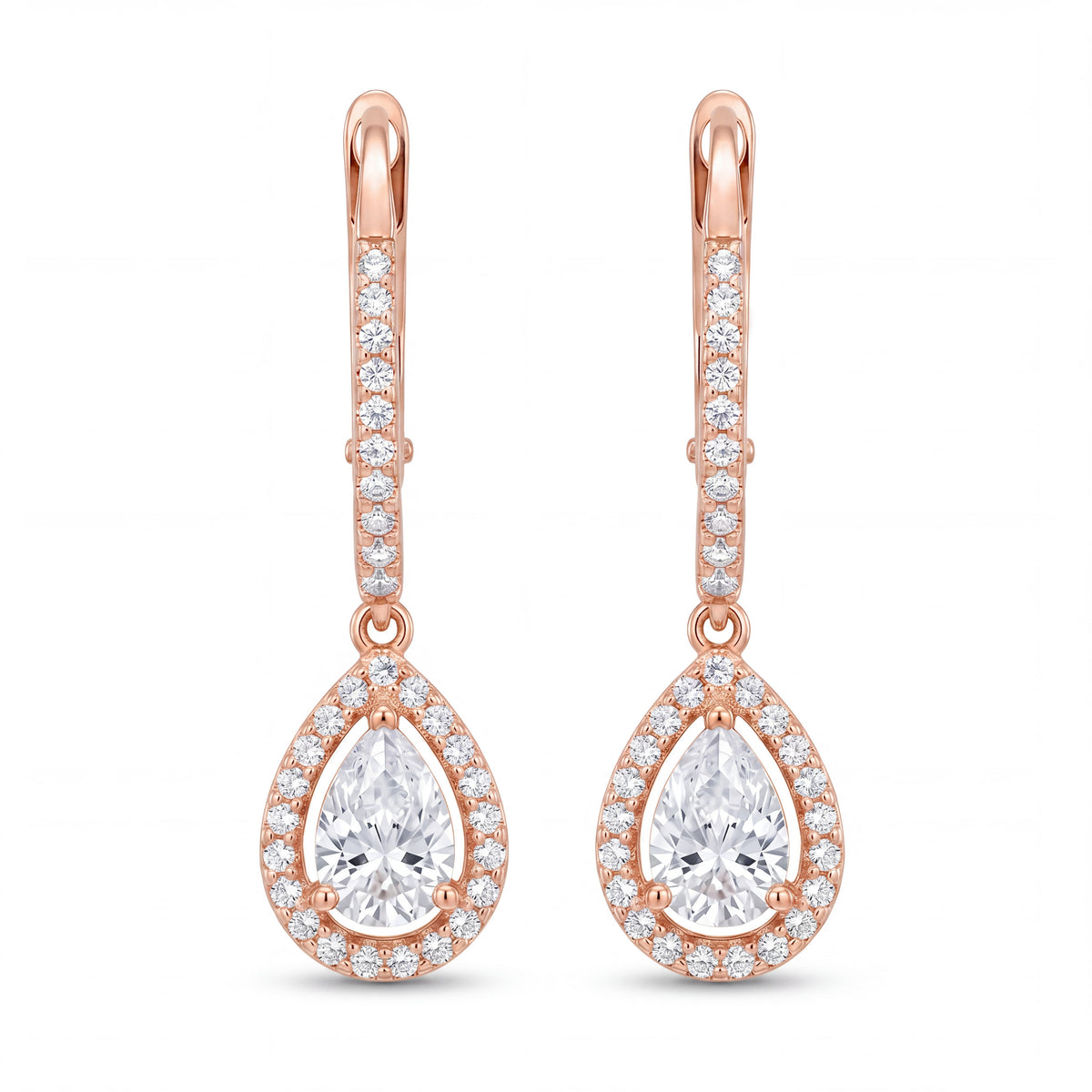 Rose Gold Halo Pear Drop Earrings