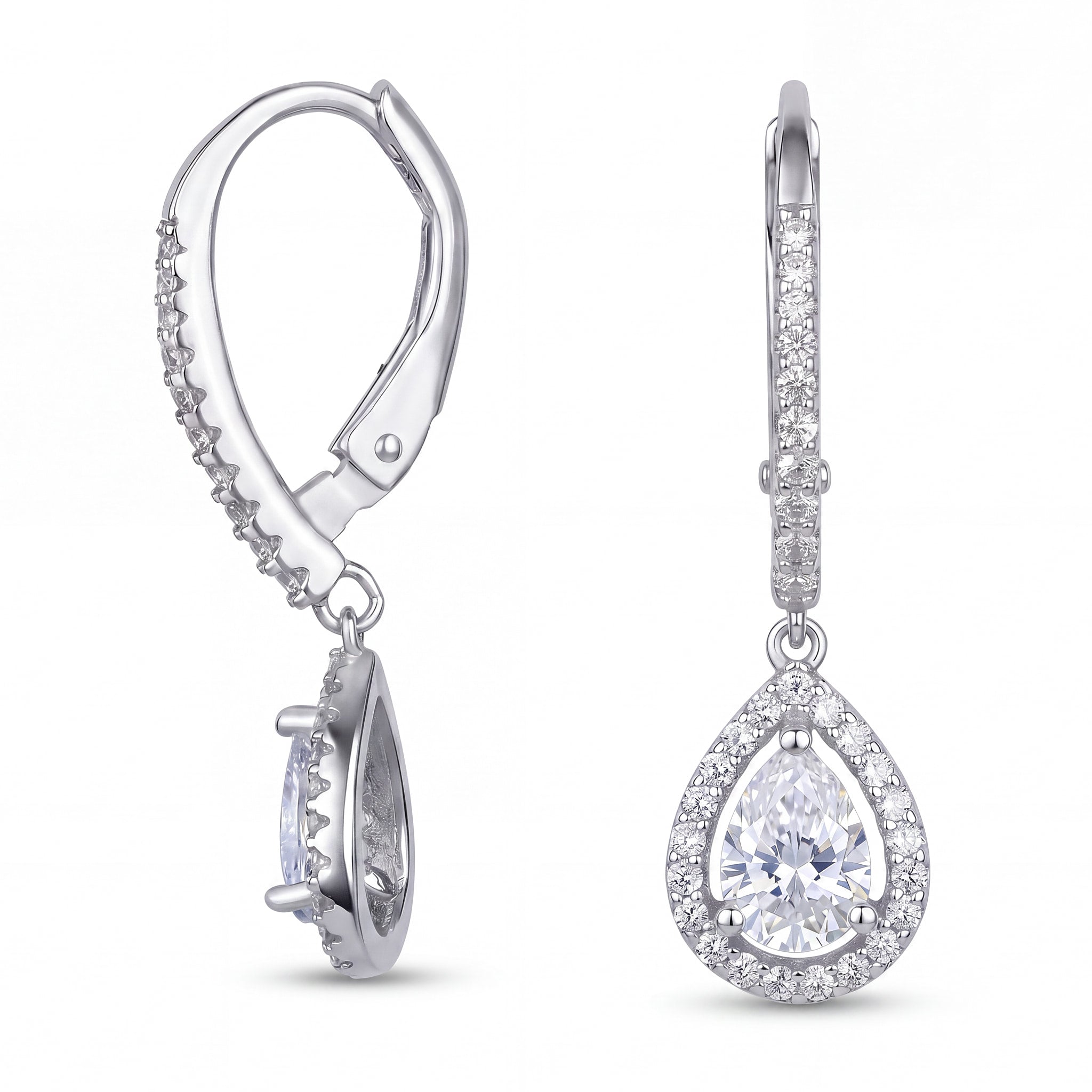Silver Halo Pear Drop Earrings