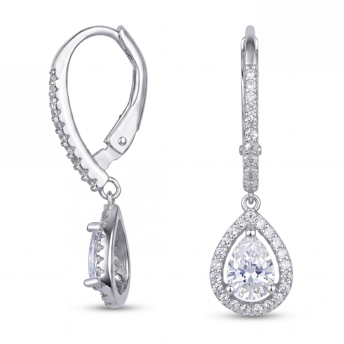 Silver Halo Pear Drop Earrings