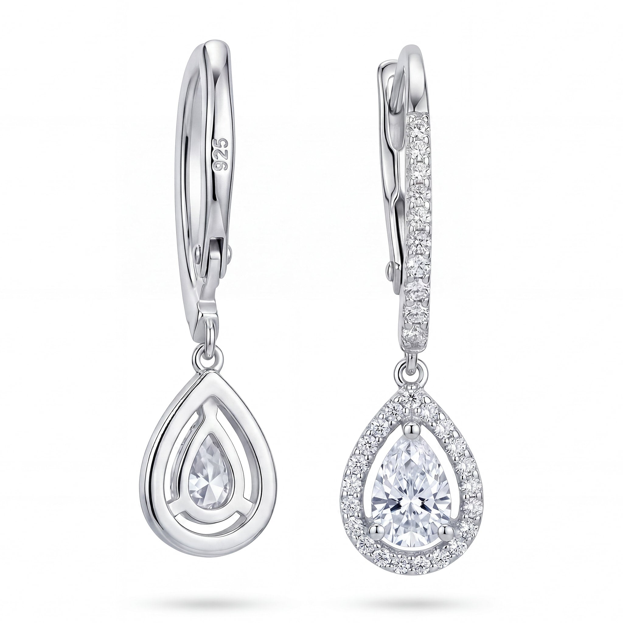 Silver Halo Pear Drop Earrings