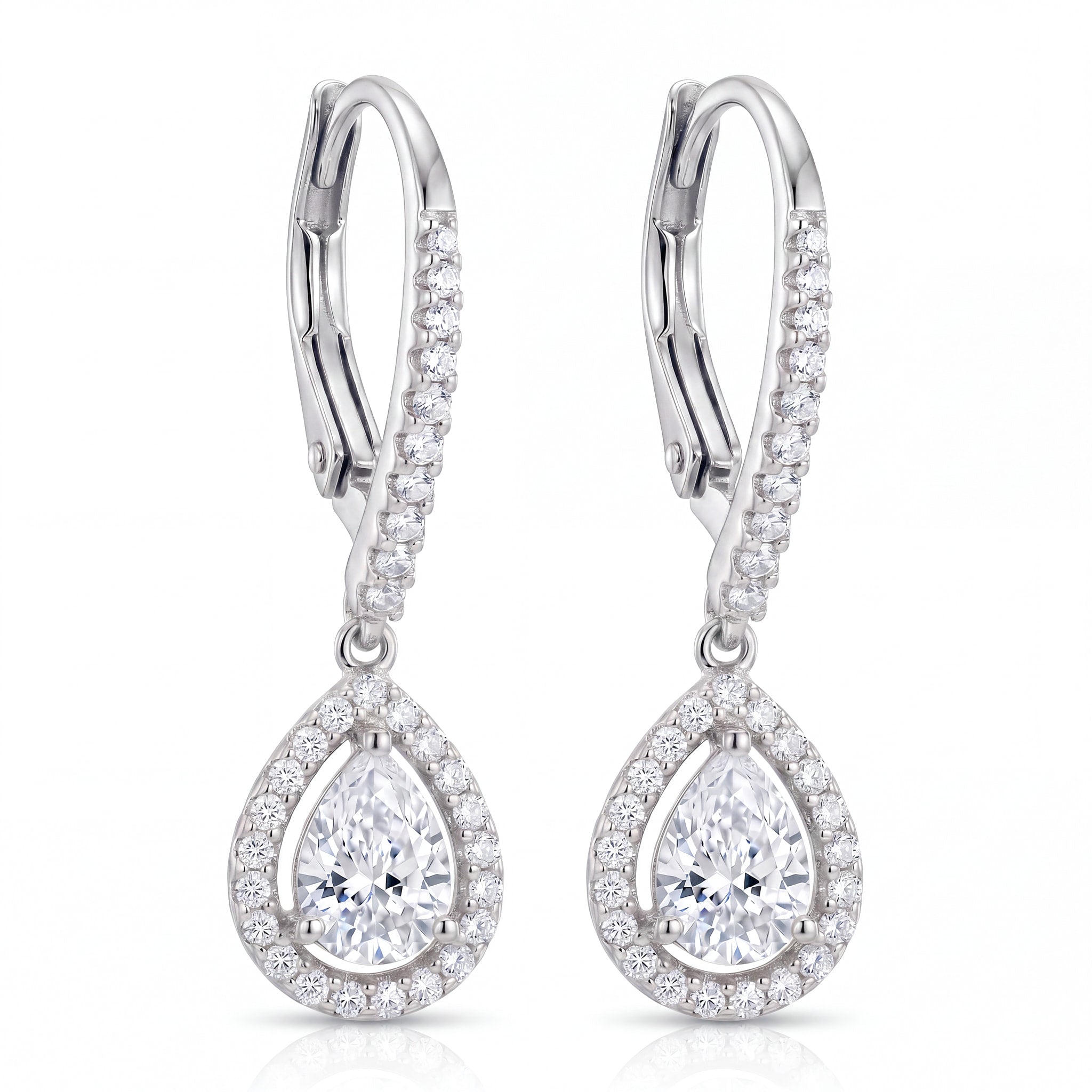 Silver Halo Pear Drop Earrings