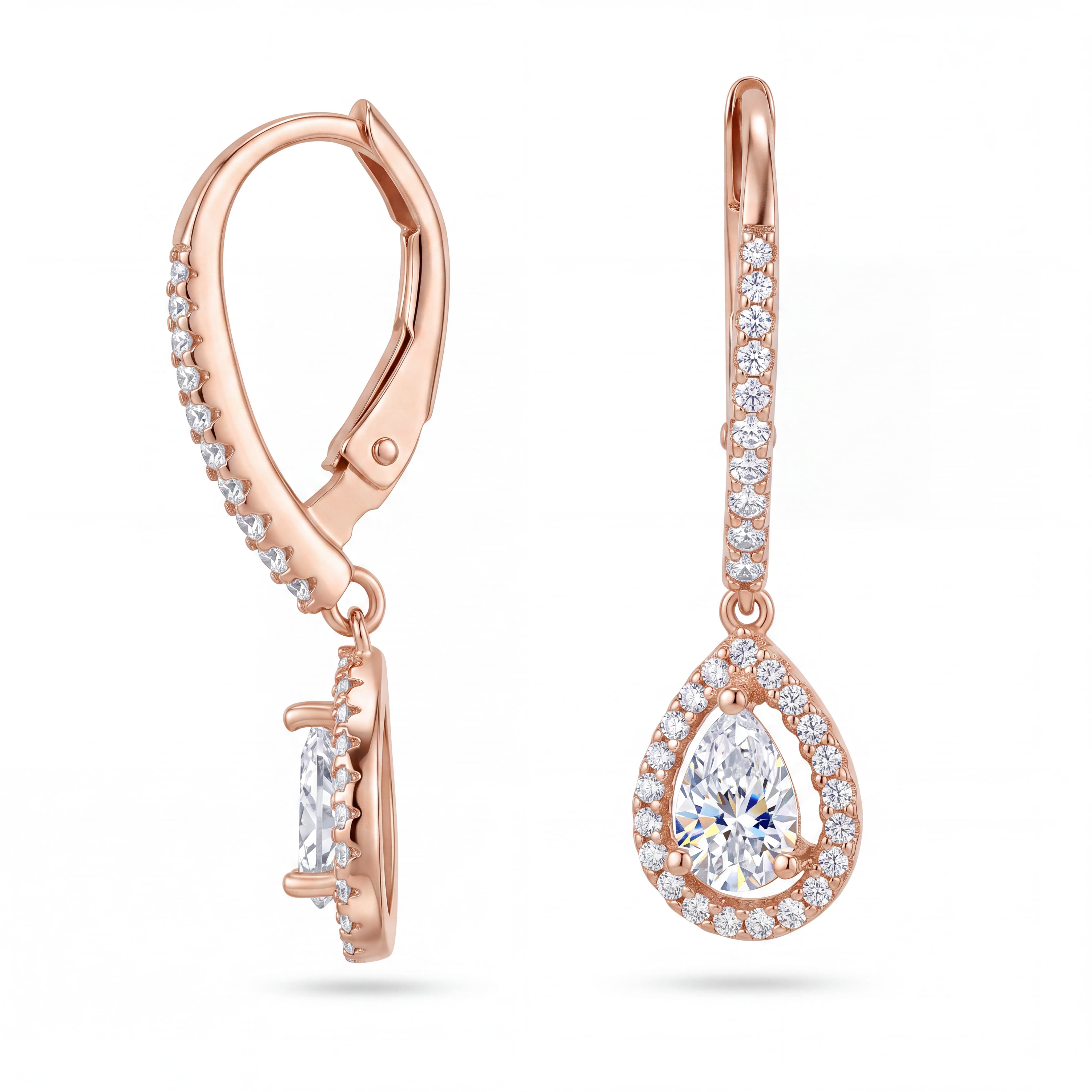 Rose Gold Halo Pear Drop Earrings