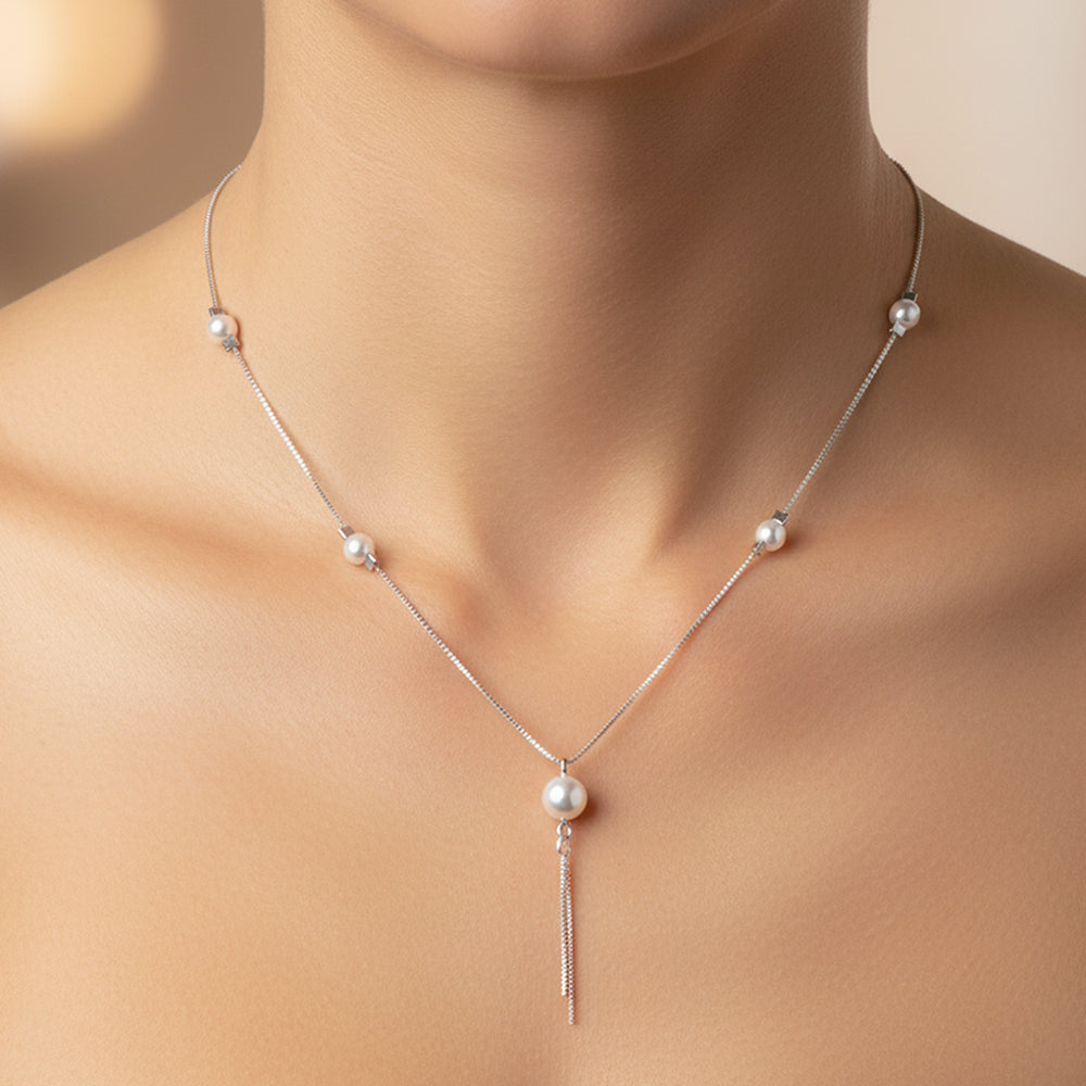 Silver Minimalist Pearl Drop Lariat Chain