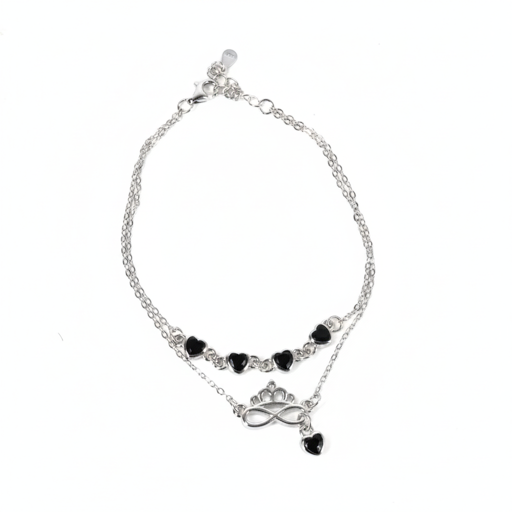 Silver Double Layered Black Heart Charm Bracelet with Crown Infinity