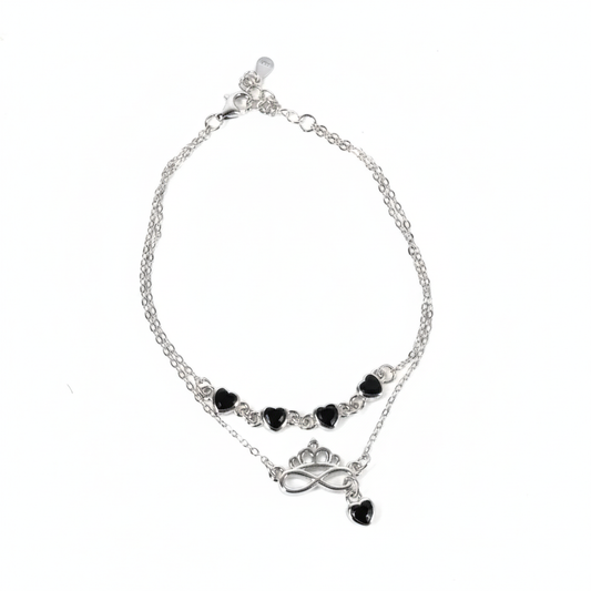 Silver Double Layered Black Heart Charm Bracelet with Crown Infinity