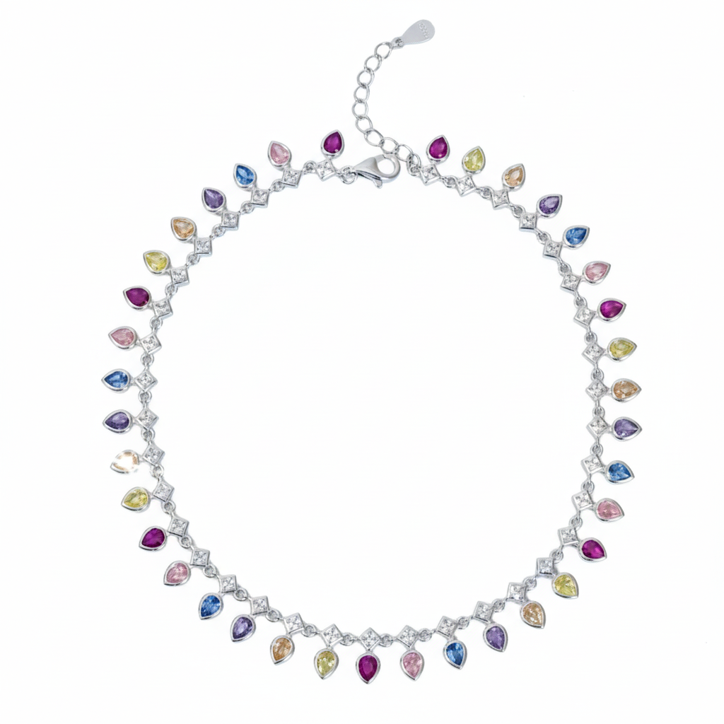 Silver Vibrant Rainbow multicolored  Teardrop  Anklet
