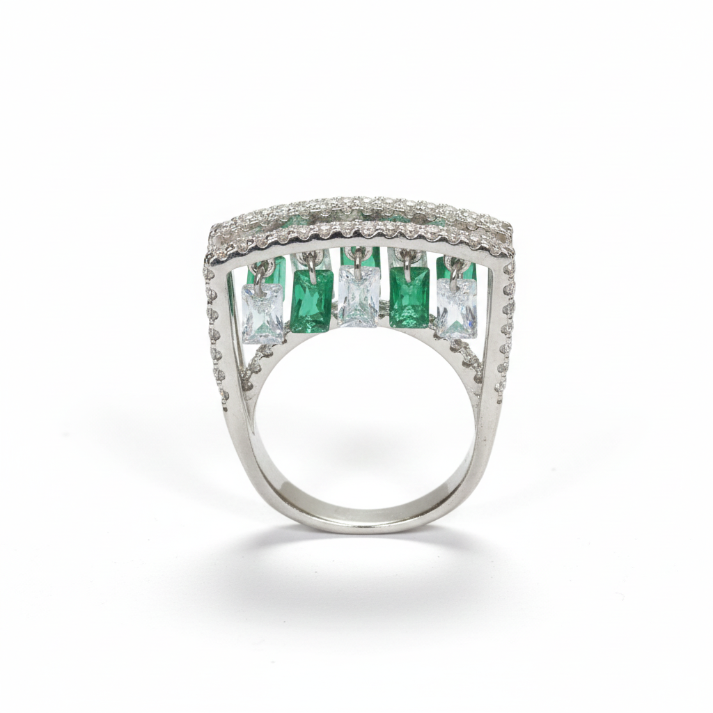 Silver Emerald Inspired Hanging Tassel Ring For Her