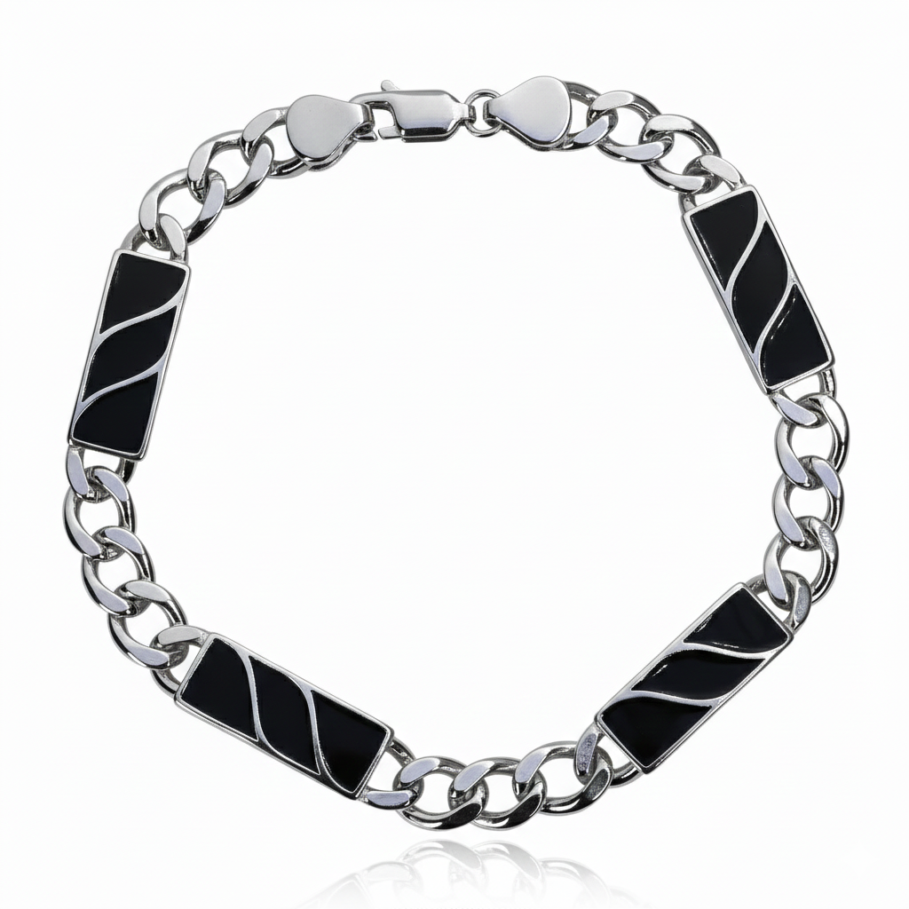 Silver Noir Wave Style Link Bracelet For Him