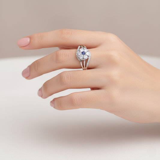 Silver Midnight Pansy Heart Cluster Ring