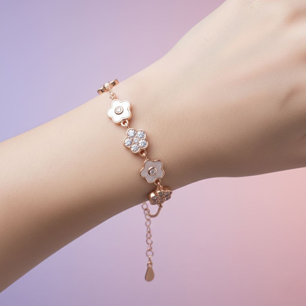 Rose gold Cute Flower Design Chain Bracelet With MOP & CZ Diamonds