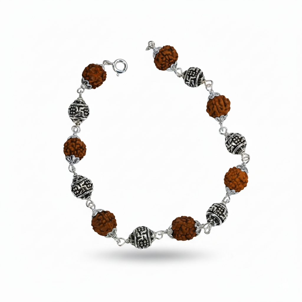 Silver Swastik Symbol Rudraksh chain Bracelet