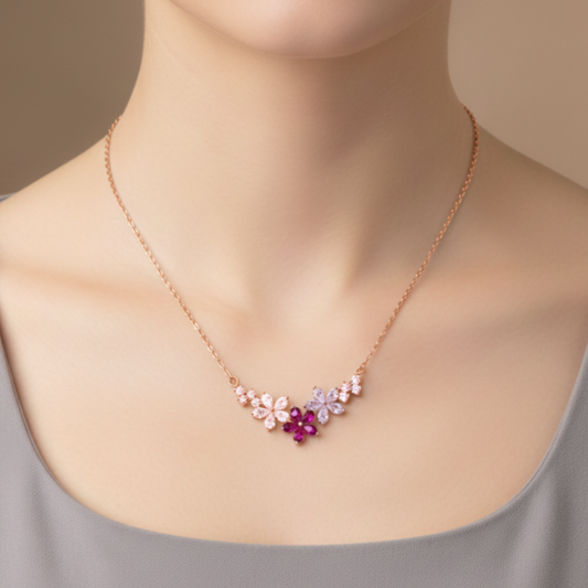 Silver Rose gold Floral Charm Necklace Chain pendant