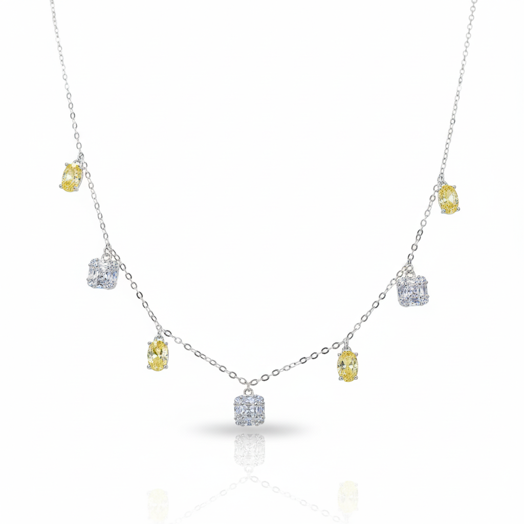 Silver Yellow and white CZ stones in Emerald cut Necklace