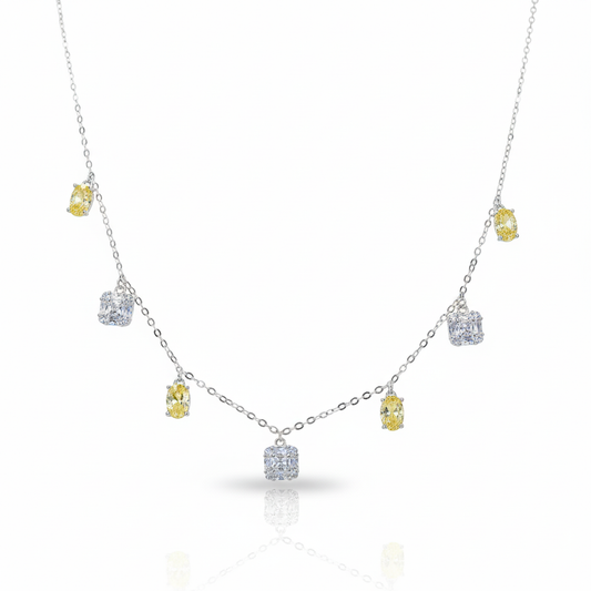 Silver Yellow and white CZ stones in Emerald cut Necklace