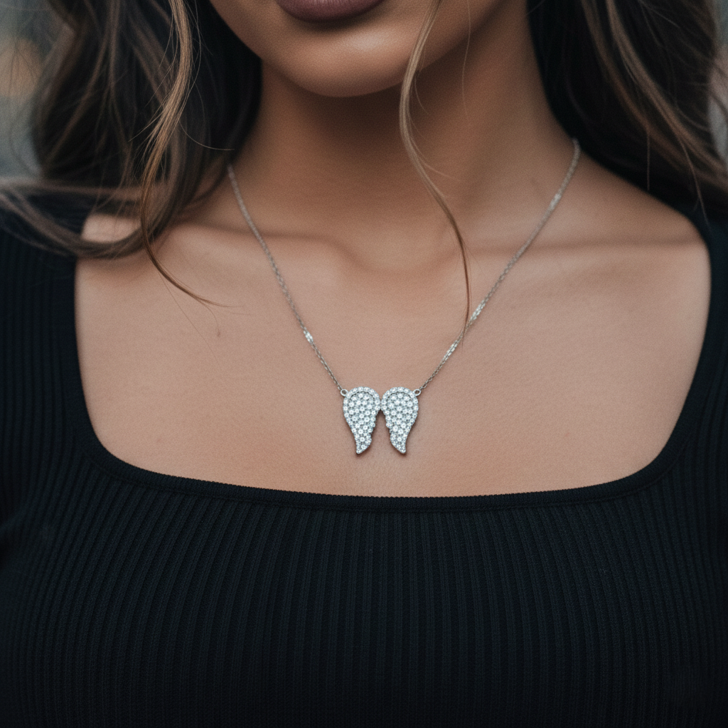 Silver Sparkling guardian angel wings chain pendant for her