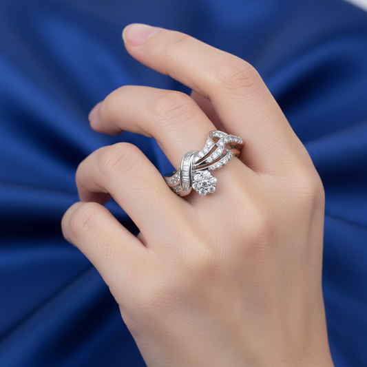 Silver Designer Diamond Cocktail Ring with Floral & Baguette Accents
