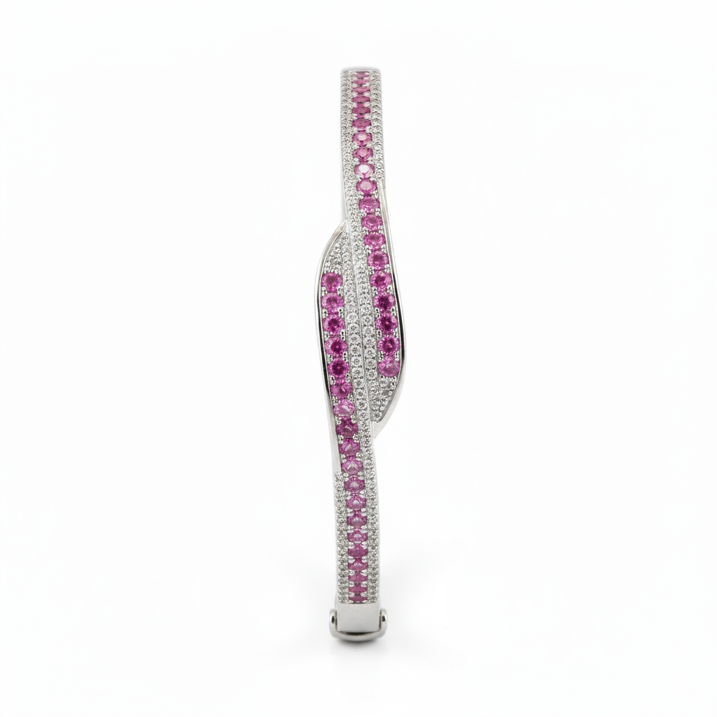 Silver Pave Ribbon Pink Bracelet For Her