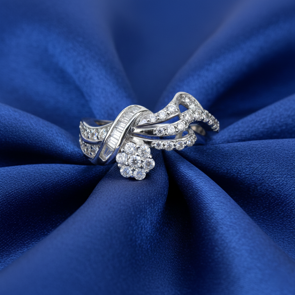 Silver Designer Diamond Cocktail Ring with Floral & Baguette Accents