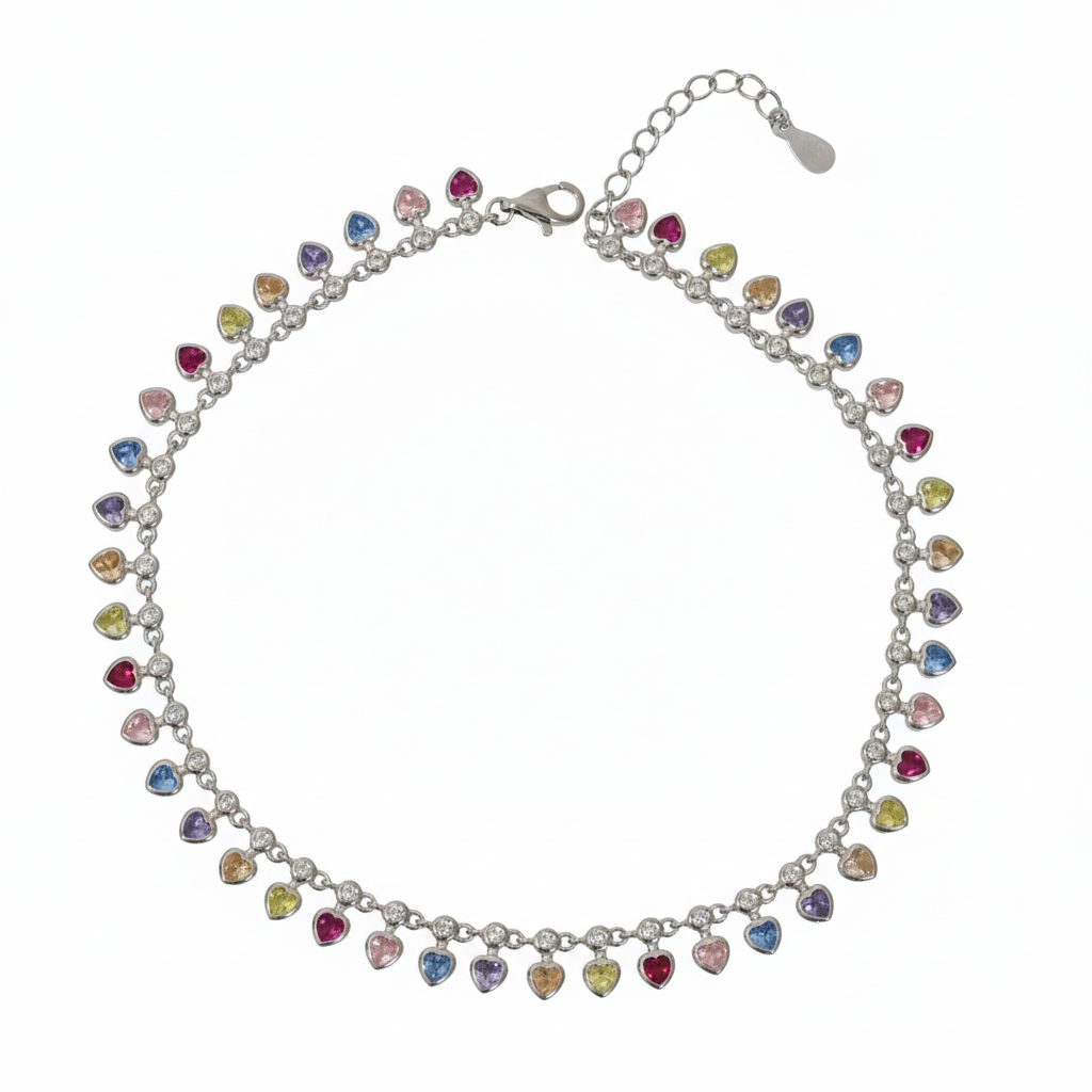 Silver Multicoloured Heart Drop Anklet