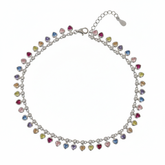 Silver Multicoloured Heart Drop Anklet