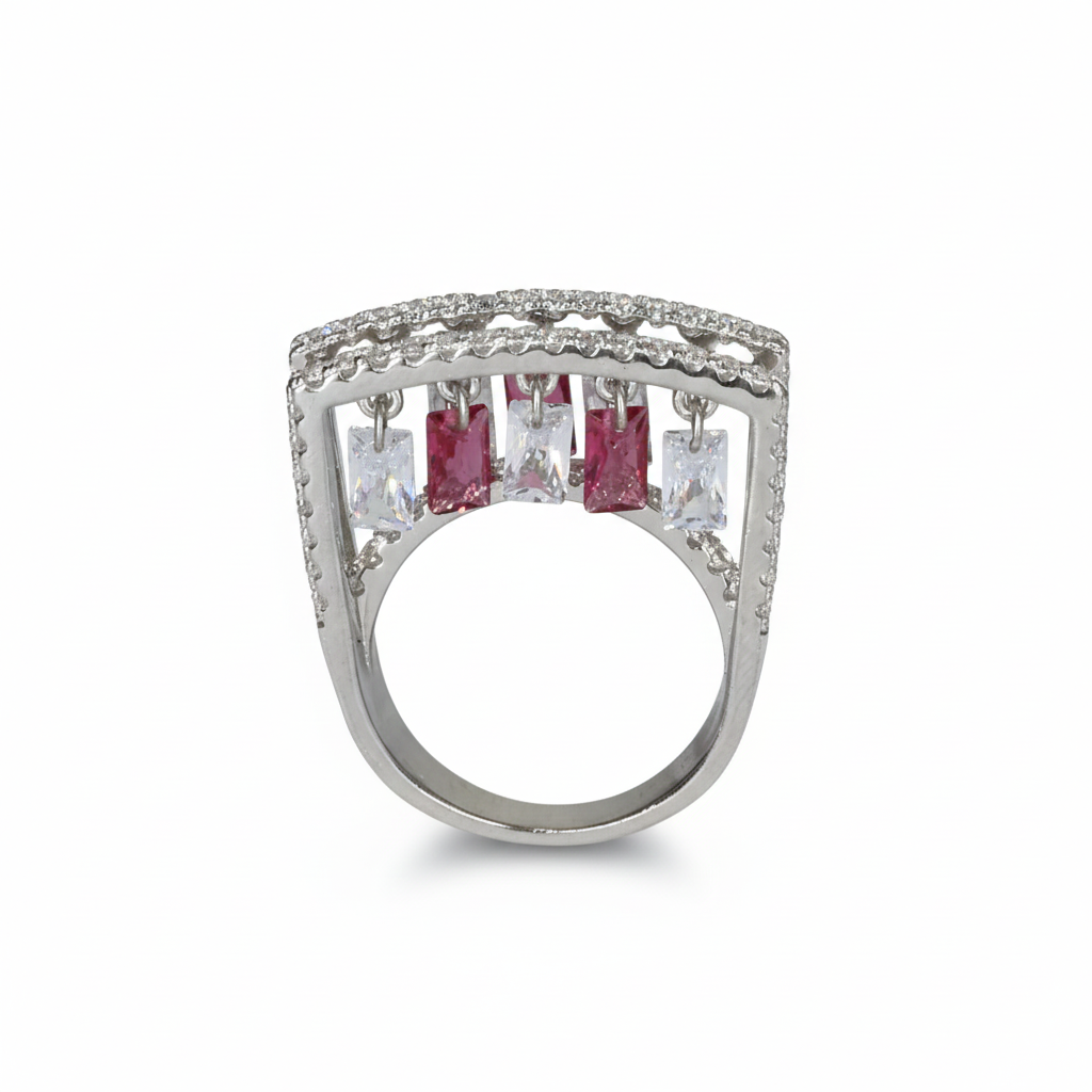 Silver Daisy Pink Double Band Ring For Her