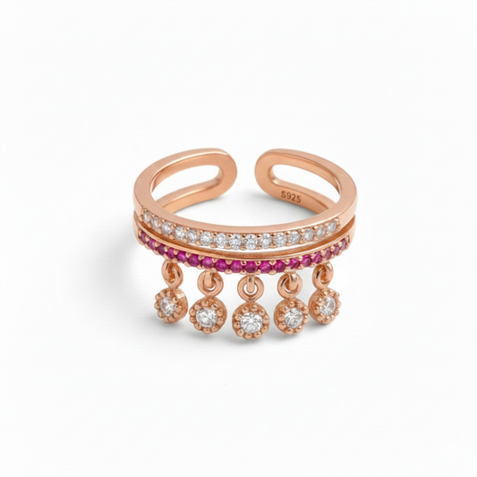 Rose Gold Sparkling Dual-Band Dangle Charm Ring for her