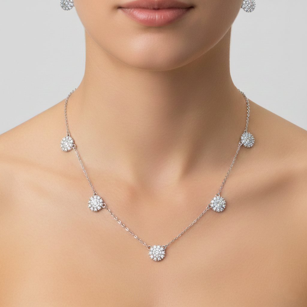 Silver Snowflake Cluster Necklace Set