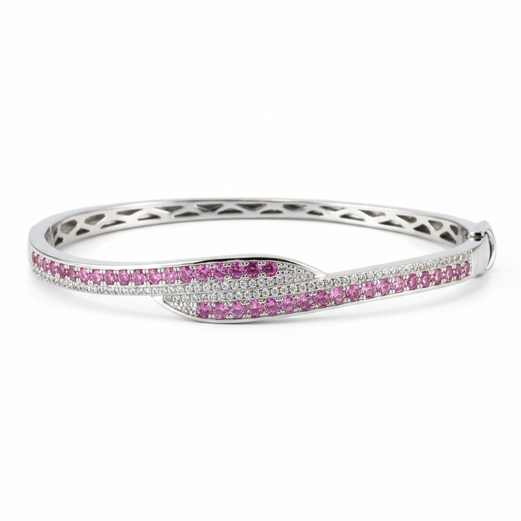 Silver Pave Ribbon Pink Bracelet For Her
