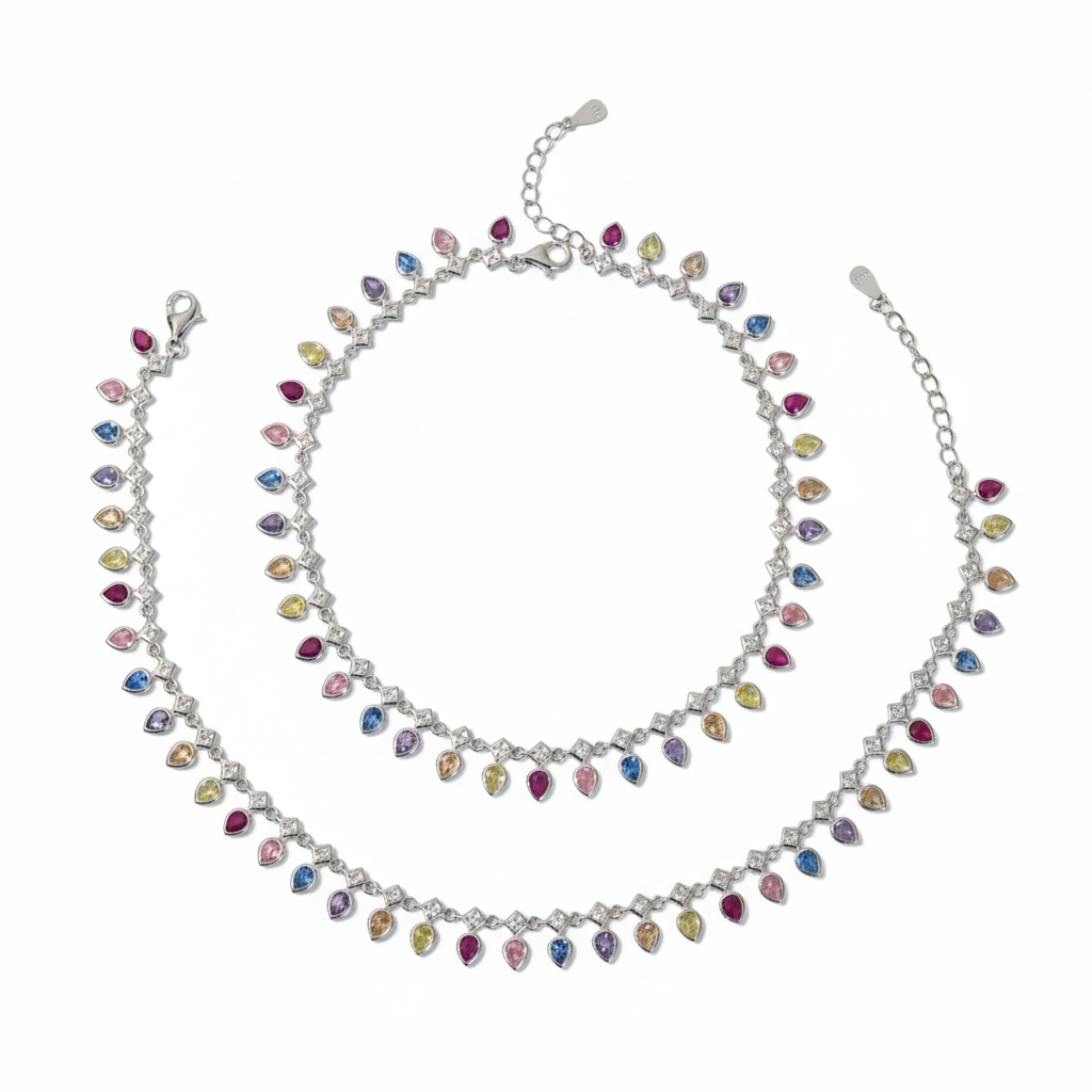 Silver Vibrant Rainbow multicolored  Teardrop  Anklet