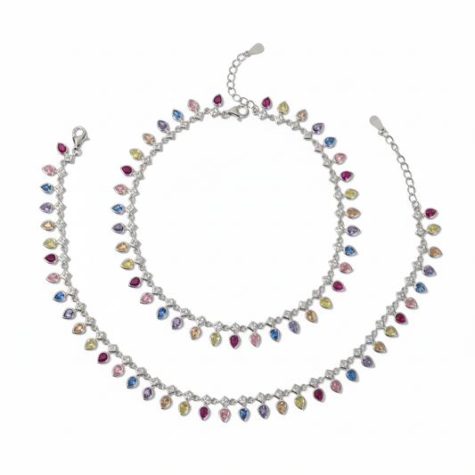 Silver Vibrant Rainbow multicolored  Teardrop  Anklet