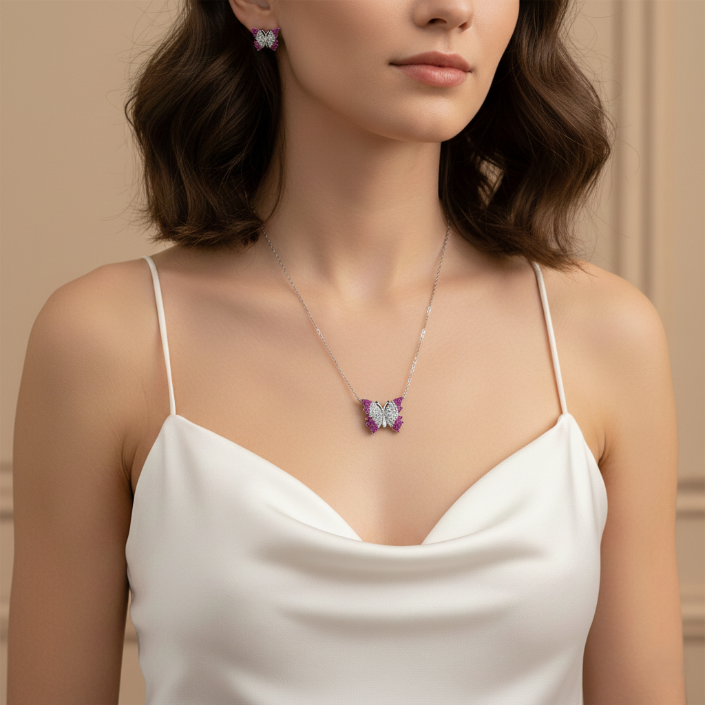 Silver Ombre Flutter Butterfly Pendant Set