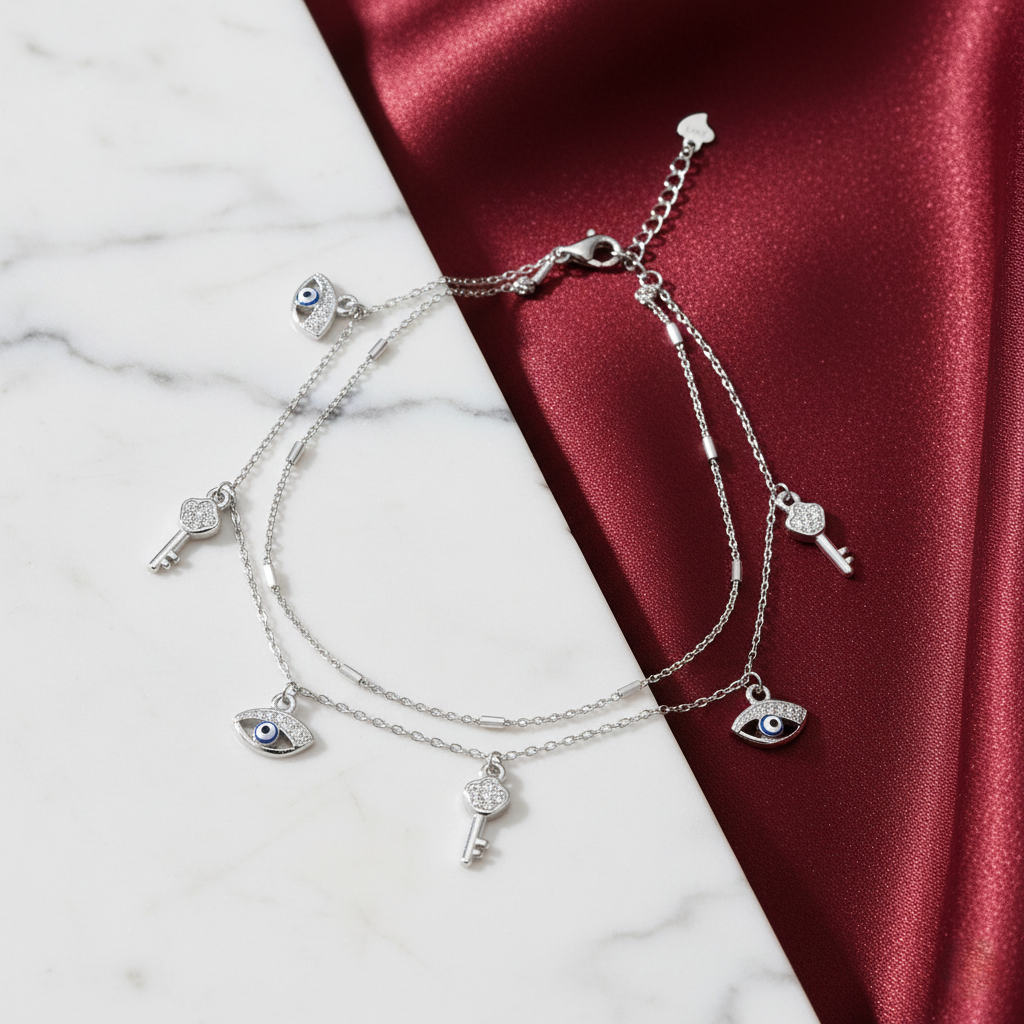 Silver Classic Parisian Key & Evil Eye Double layered Anklet