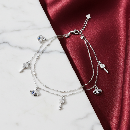 Silver Classic Parisian Key & Evil Eye Double layered Anklet