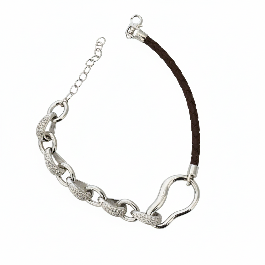 925 Silver Pave Link & Braided Leather Statement Bracelet