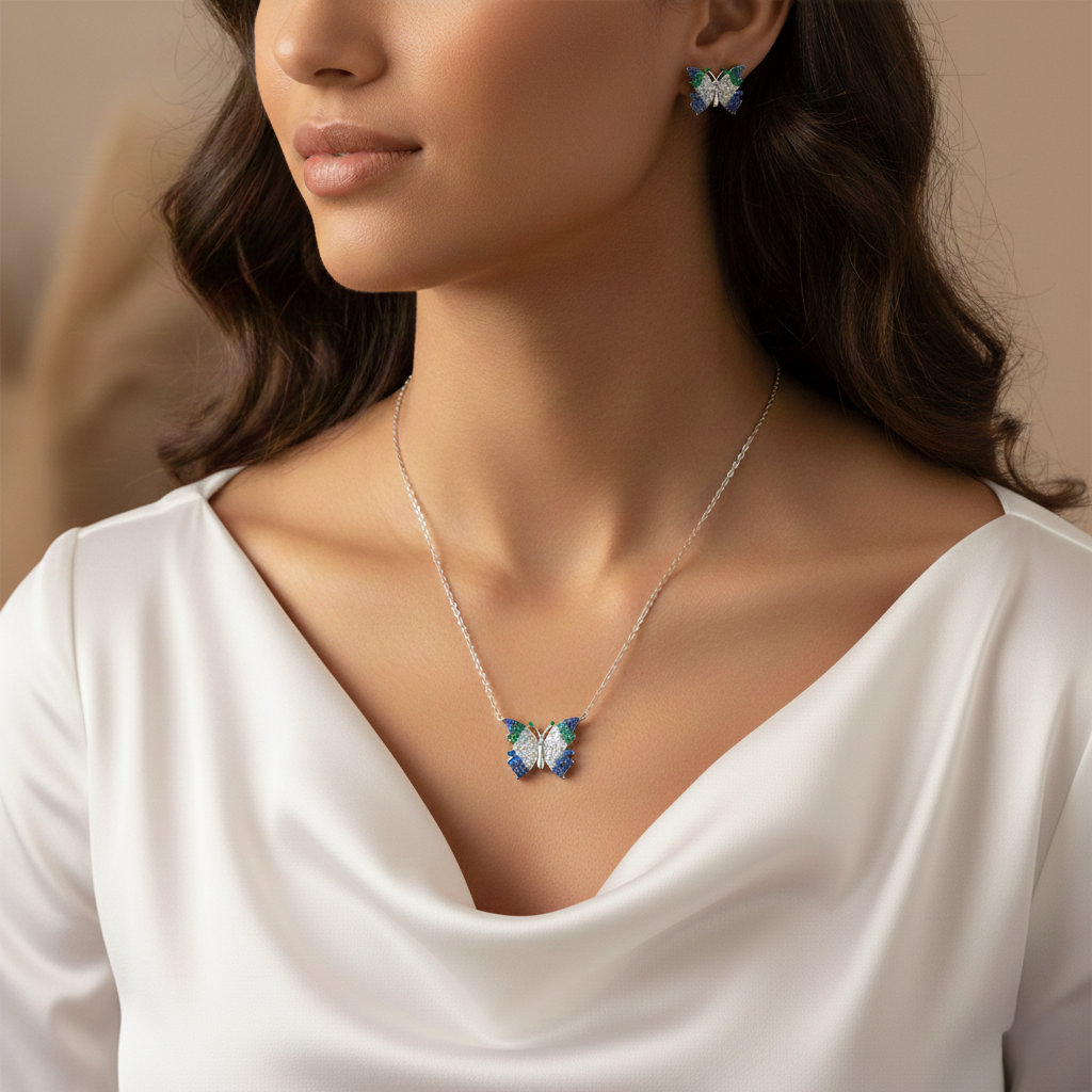 Silver Virtue Blue Butterfly Set