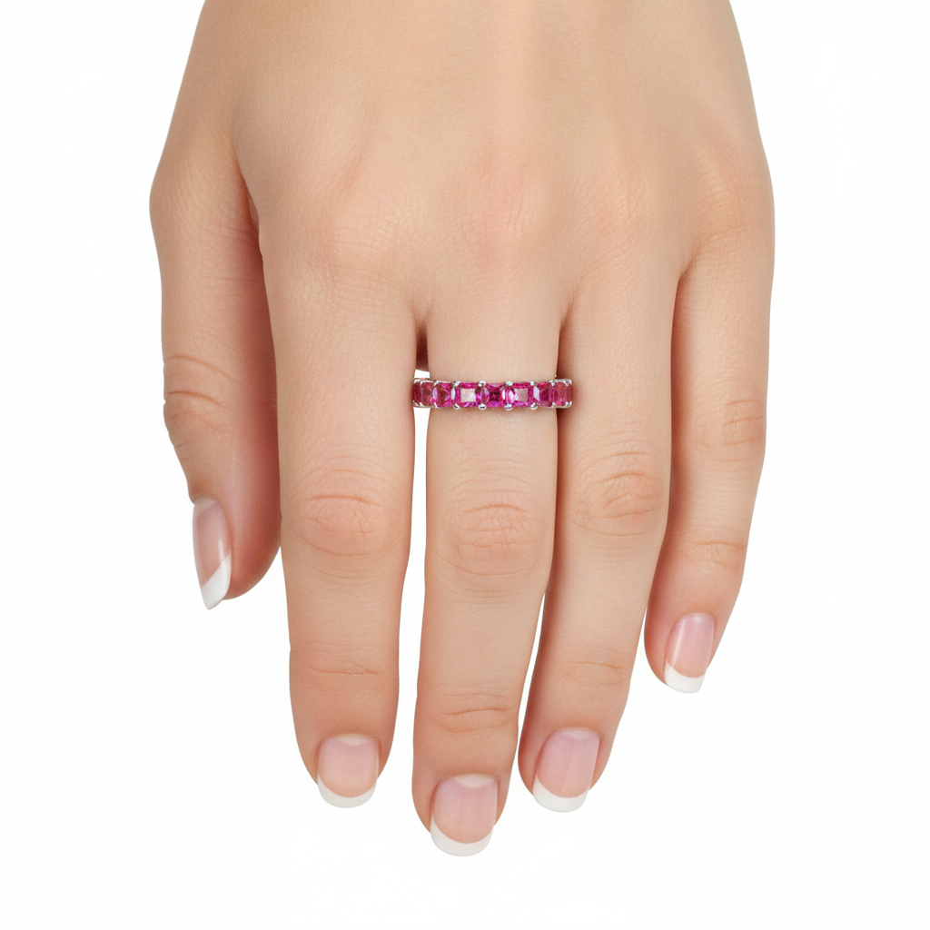 Silver Red Crimson & Crystal Eternity Band For Her