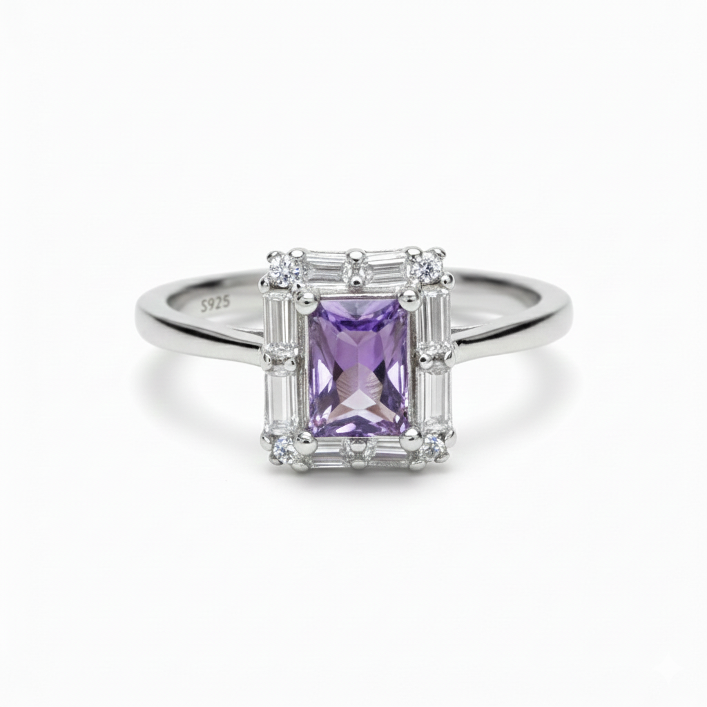 Silver Radiant Halo Purple Baguette ring for her