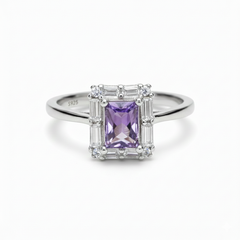 Silver Radiant Halo Purple Baguette ring for her