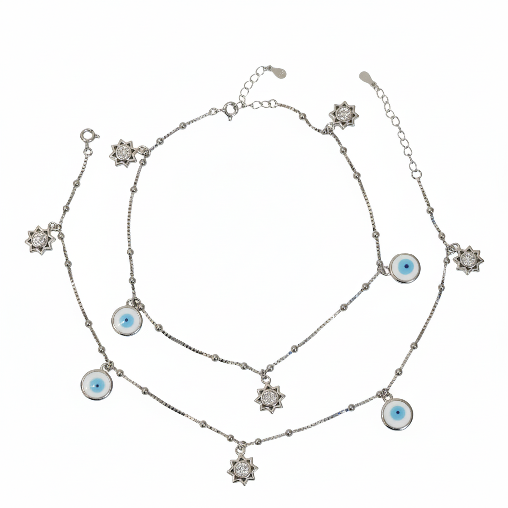 Silver Evil eye and Sun charms Anklet
