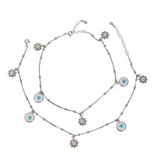 Silver Evil eye and Sun charms Anklet