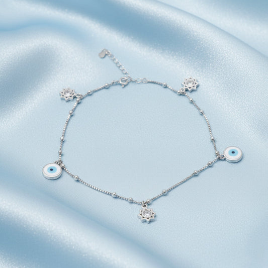 Silver Evil eye and Sun charms Anklet